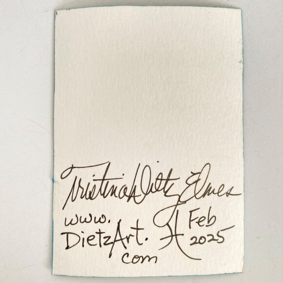 ACEO Original Acrylic Mixed Media Art Tristina Dietz Elmes ATC Blue Orange Green - Picture 3 of 3